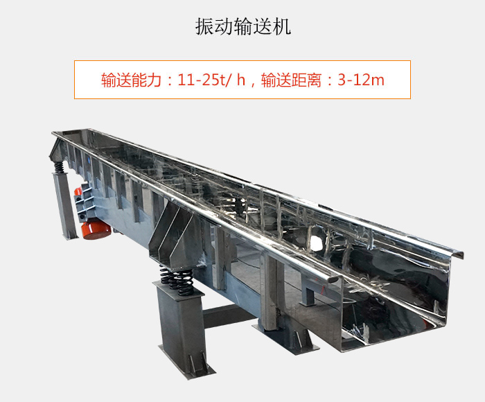 振動輸送機(jī)：輸送能力：11-25t/ h，輸送距離：3-12m