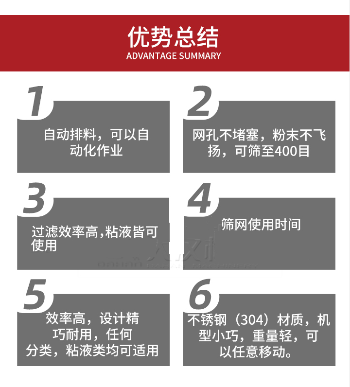 過濾篩優勢總結：1，自動排料，可以自動化作用。2，網孔不堵塞，粉塵不飛揚，可篩至400目。3，過濾效率高，任何粒，粉，粘液也可使用。4，篩網設計大大提高了篩網使用時間，也魏換網提高了方便。5，效率高，設計精巧耐用，任何分類設計精巧耐用，任何分類，粘液類均可適用。6，不銹鋼材質機型小巧，重量輕，可以任意移動。